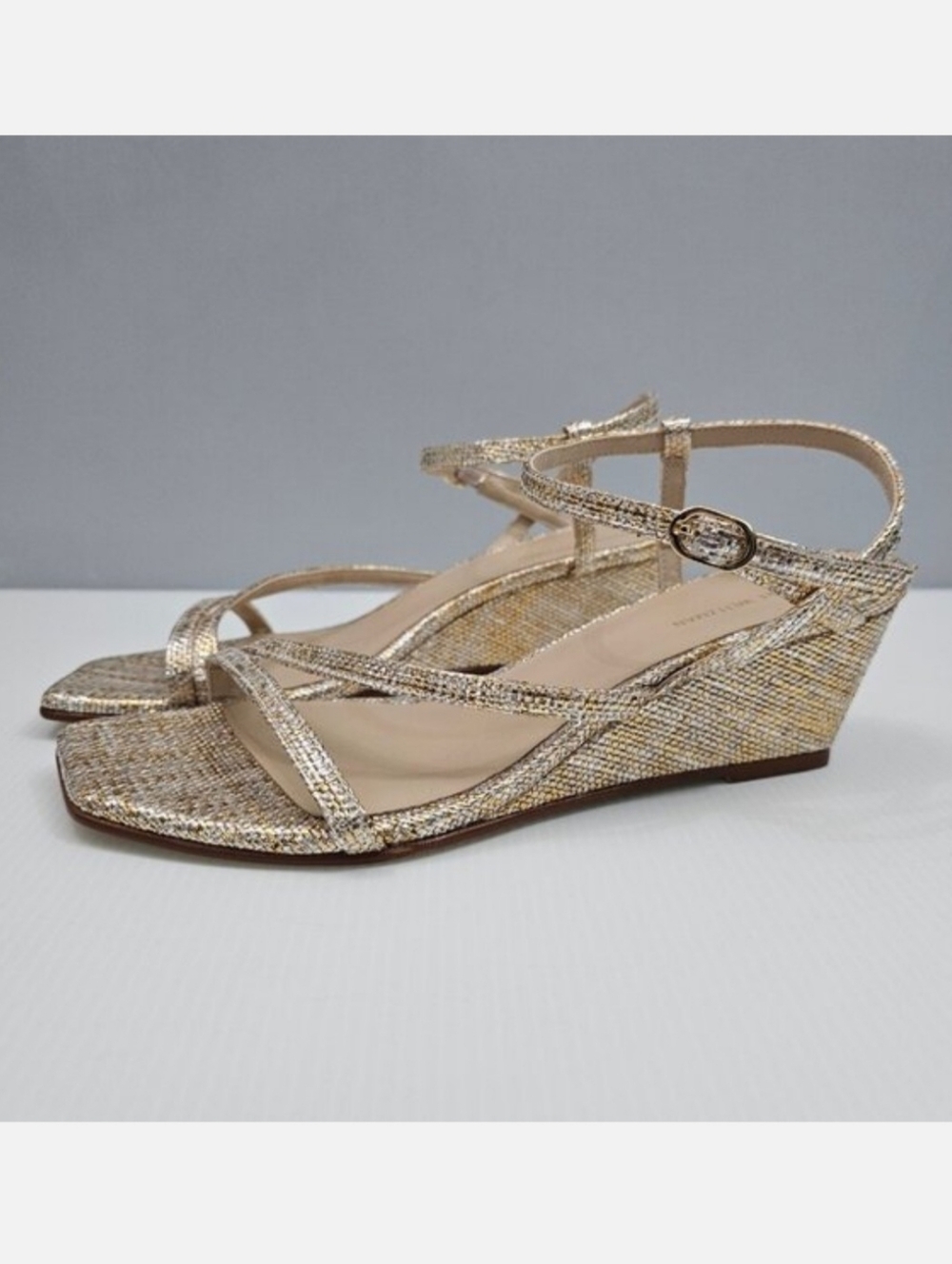 Stuart Weitzman Oasis 50 Gold Woven Wedge Sandal Strappy Slingback Womens 8.5